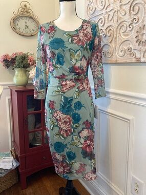 Enfocus Studio Teal Floral Midi Dress with Pink & Blue Blooms